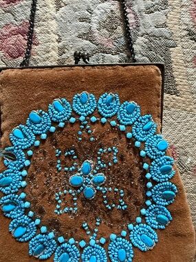Vintage-Inspired Brown Velvet Evening Bag with Turquoise Beadwork